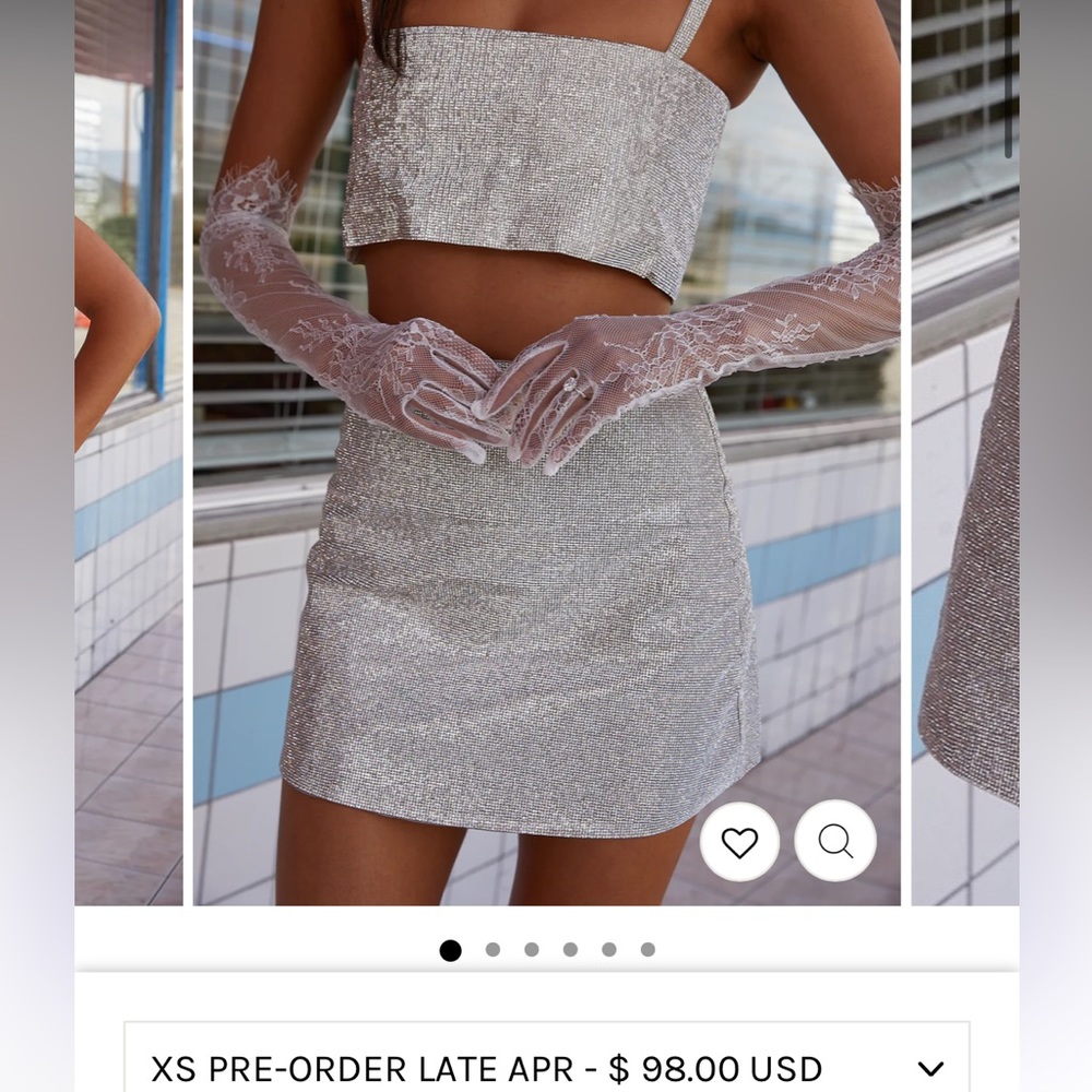 Shira Silver Rhinestone Mini Skirt and Crop Top set . 12th Tribe. Size Large.